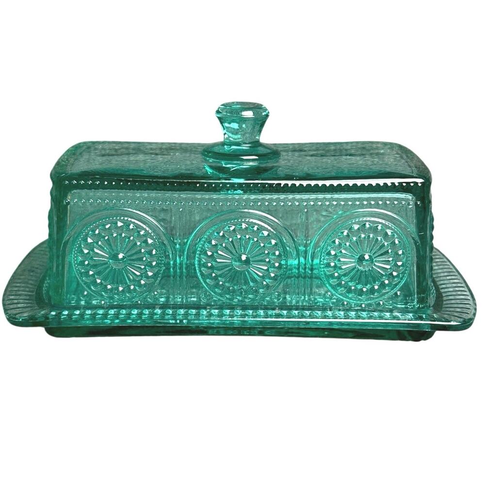 Pioneer Woman teal green pressed glass butter dish covered depression era style